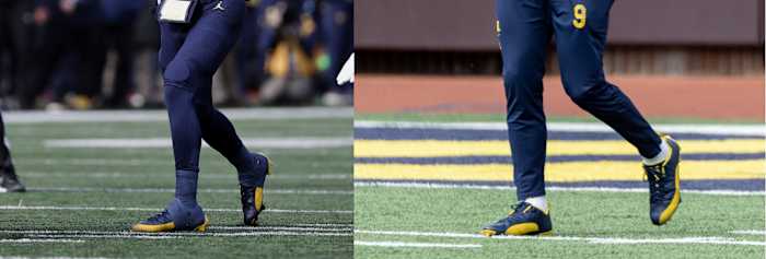 Michigan Wolverines quarterback J.J. McCarthy's navy and maze Air Jordan cleats.